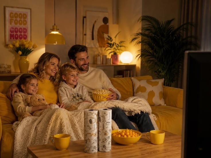 Evde televizyon izleyen aile